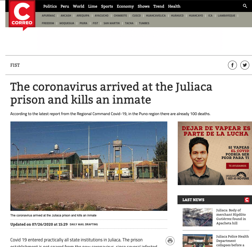 Notifications in Peru, press translate while visiting link https://diariocorreo.pe/edicion/puno/el-coronavirus-llego-al-penal-de-juliaca-y-mata-un-reo-946084/